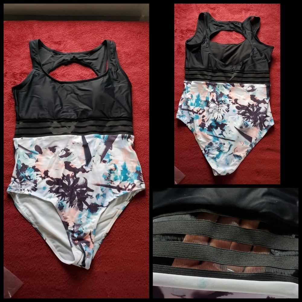 Solid and pattern combo one piece swim suit